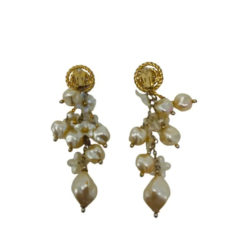 Large Vintage Runway Statement Gold Swirl & Floral Pearl Beaded Dangle Earrings